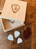 Chicken Picks Wooden Gift Box with 3 Guitar Picks and Hand made Leather Pick Pouch