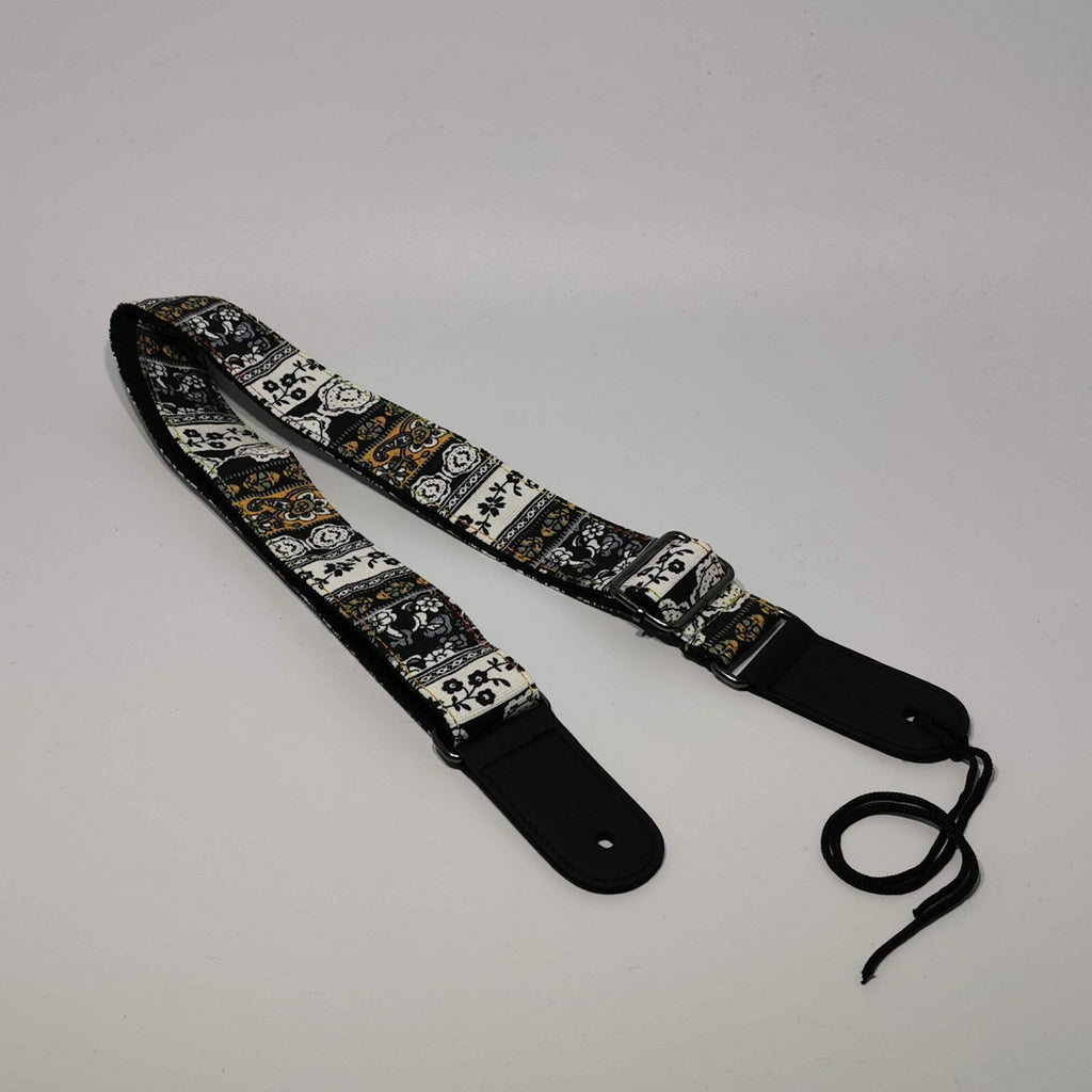 Black and White Floral Ukulele Strap - With Free Strap Button